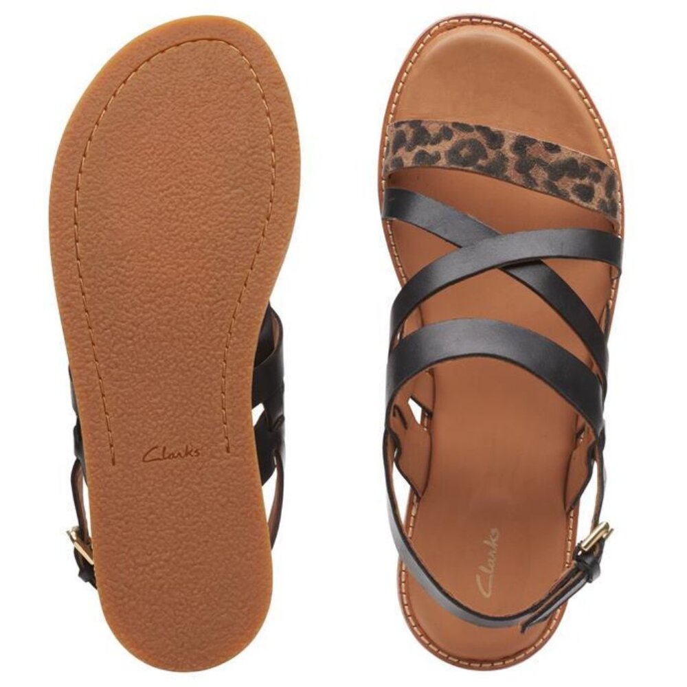 CLARKS Leather Comfort Sandals Karsea Black Animal Leopard Print Sz 6.5